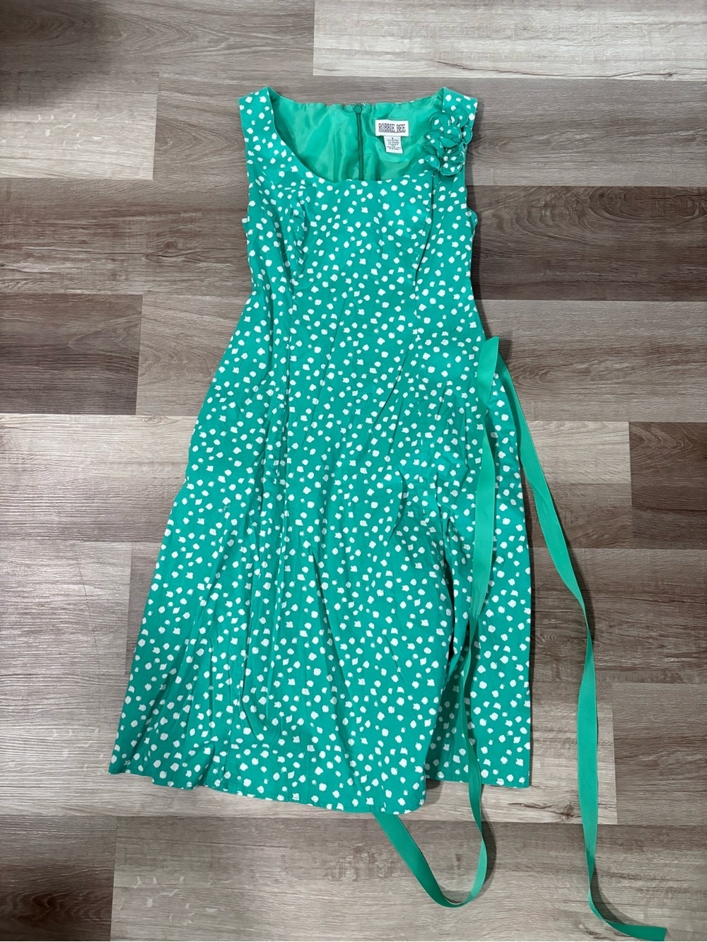 Sleeveless Teal Polka Dot Tie-Waist Dress